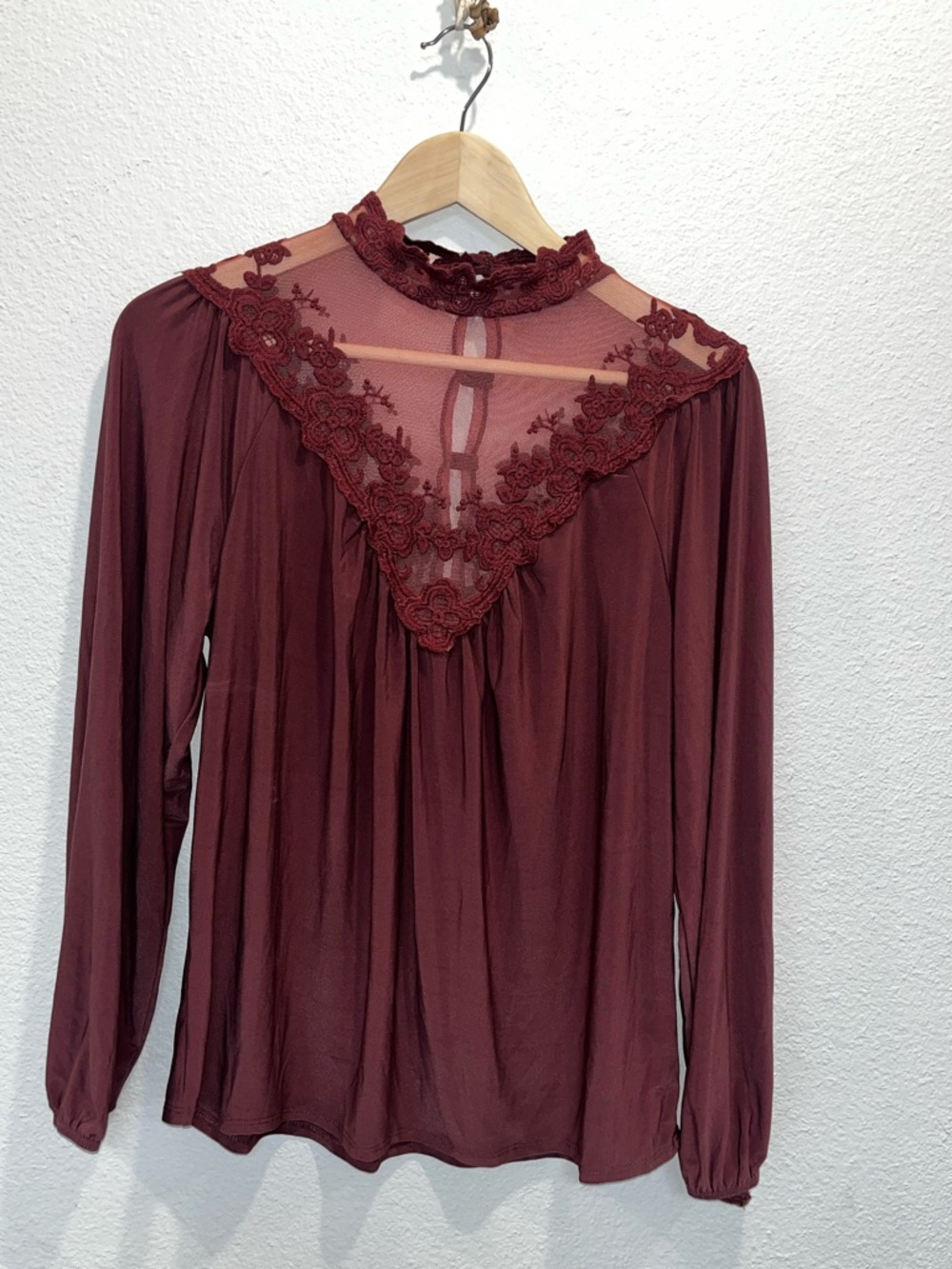 Uncommon Lace Yoke Long Sleeve Top - Burgundy